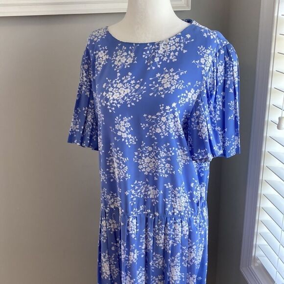 Vintage 90s Maggy Boutique Blue Floral Midi Shortsleeve Summer Dress VNTG Sz 12 - Picture 7 of 16